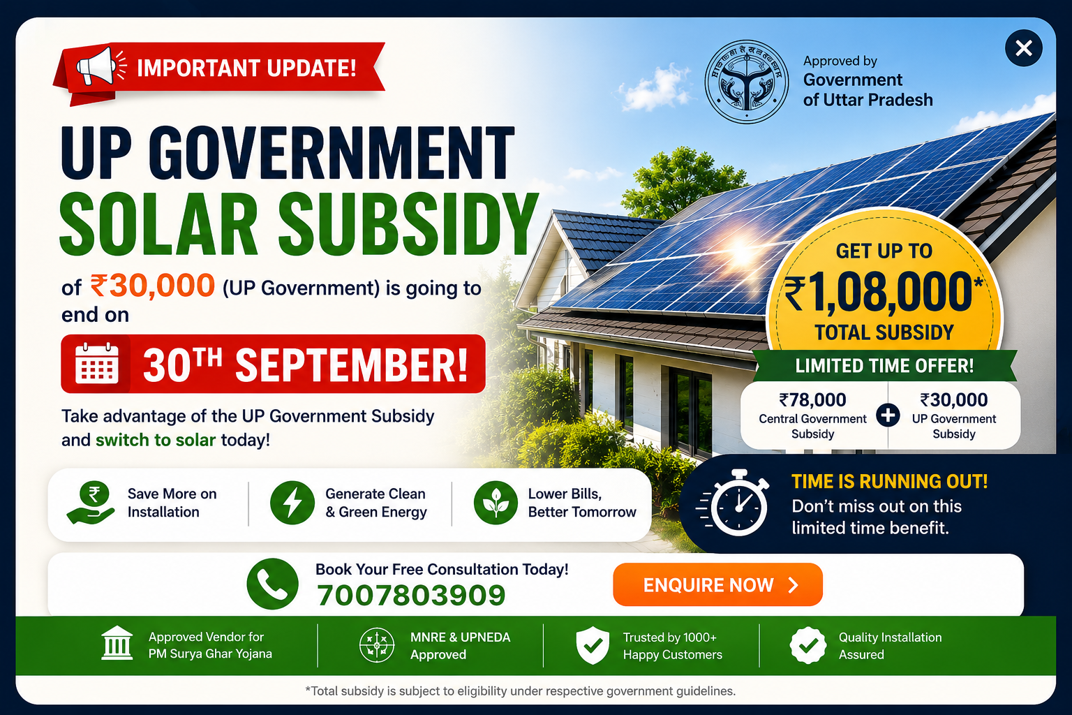SOLAR SUBSIDY IN UP ENDING 30 SEPTEMBER